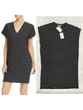 NWT $180 Frame Le V Black White Striped V-Neck Mini Dress